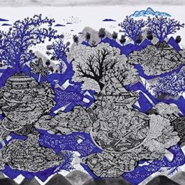 林書楷，陽台城市文明誌：被藍樹圍繞的城市傳說，2014，複合媒材/紙，70 x 140 cm