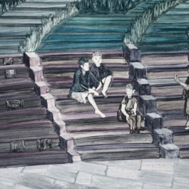 張銀亮，台北客運站，2018，獨幅版畫／紙，33.5 x 44 cm丨去年張銀亮初次與誠品畫廊合作，在附近的台北客運站走動時，捕捉了台北人三三兩兩在階梯上談天說地的景象。