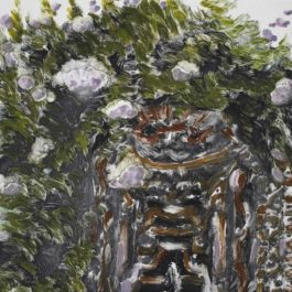 張銀亮，貝拉島，2018，獨幅版畫／紙，18 x 18 cm丨義大利貝拉島上有一座用貝殼砌成的宮殿，牆面上的圖案很有圖騰感，周圍花草茂盛地生長，彷彿透露出某些訊息。 