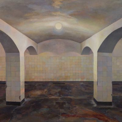 陸亮，集中營－地下室，2016，油彩/畫布，90 x 160 cm